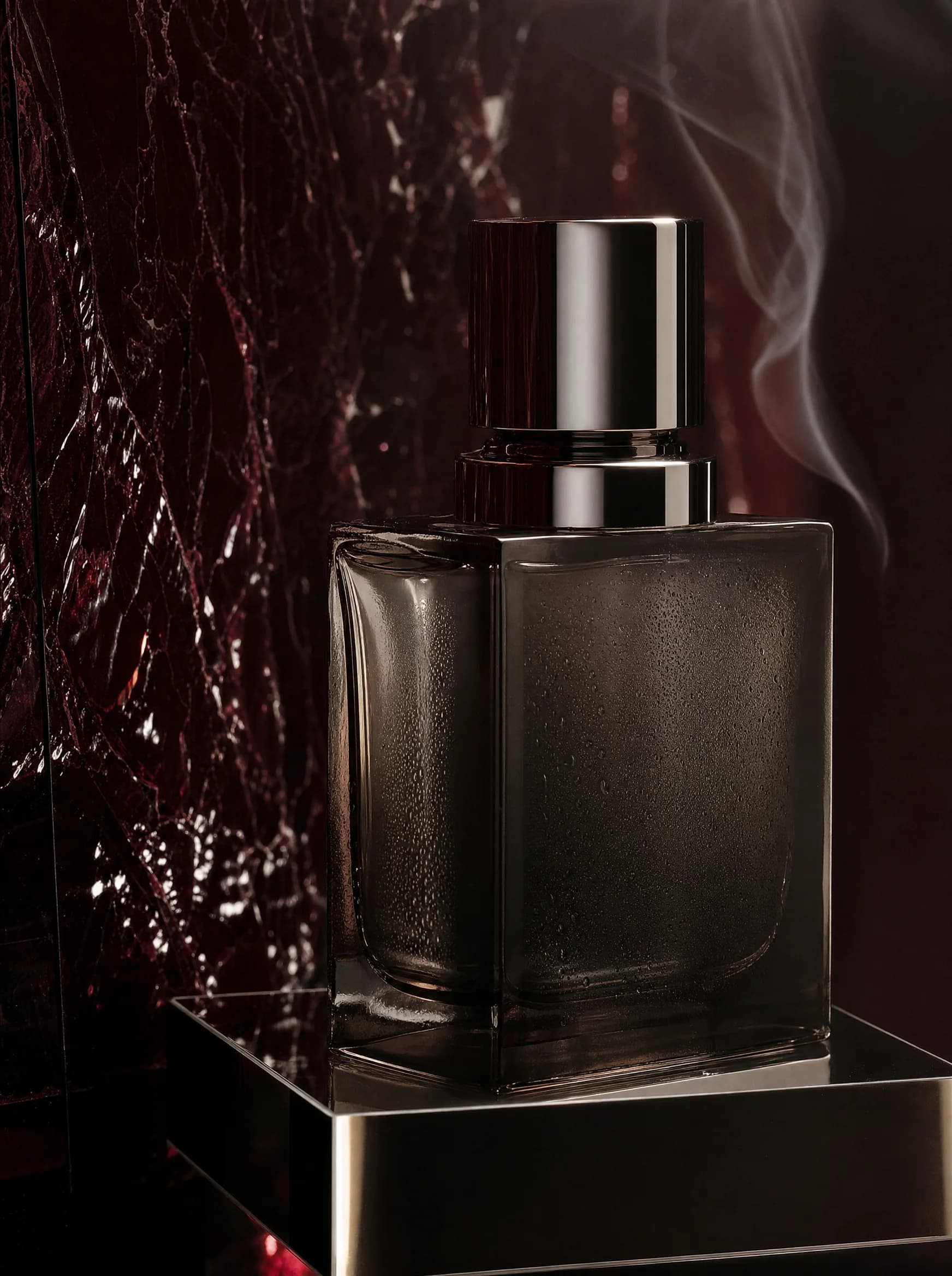 Unmarked smoked-glass fragrance bottle photographed among oxblood resin and drifting smoke